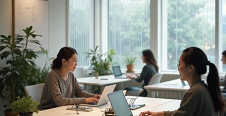 karyawan kantor sedang bekerja dengan menggunakan laptop